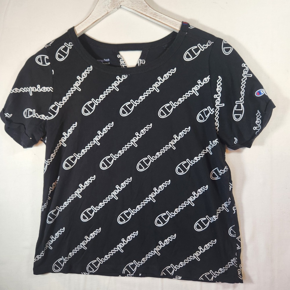 Champion Womens Black All Over Logo Print Cutout Back Crop Top Tee Small